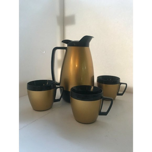 Mid Century Modern West‎ Bend Thermo Serv Cup/ Mug & Carafe Set (gold/black)